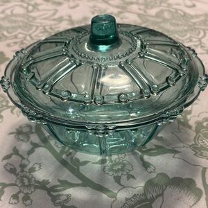 Vintage KIG Indonesia Candy Dish with lid, Aqua Blue/Turquoise